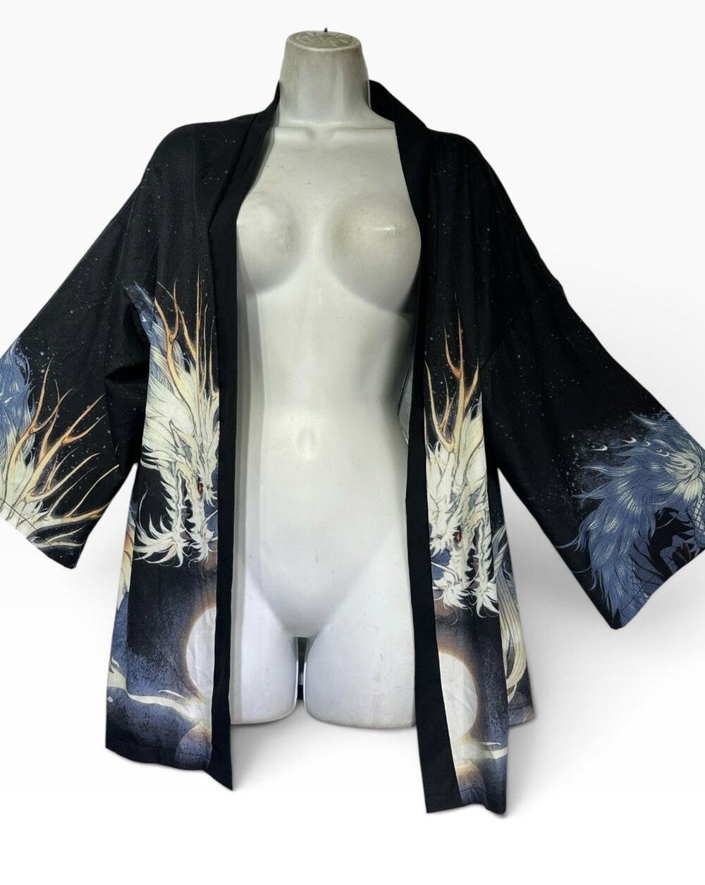 Lai Meng Five Cats Black Dragon Print Kimono Cardigan Japanese Open Duster